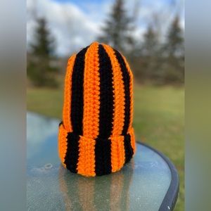 Handmade Crocheted Orange and Black Winter Hat
